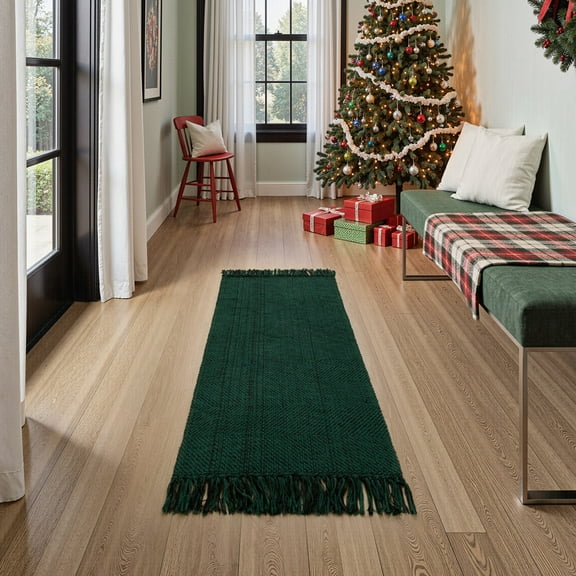 SUNDEREY 2'x4' Christmas Doormat Hallway Runner Rug,Washable Kitchen Floor Mat, Cotton Woven Reversible Entryway Rug, Holiday Xmas Decor Indoor Outdoor Throw Rug,Green&Black