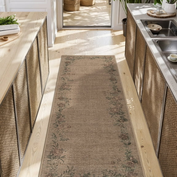 SUNDEREY 2'x6' Floral Easy Jute Kitchen Rug,2x6ft Hallway Easy Jute Rug Non Slip Washable Runner Rug for Entryway Indoor, Khaki Indoor Outdoor Carpet for Hallway Entry Front Door,Wreath&Fleur