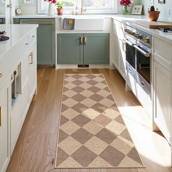SUNDEREY 2'x6' Easy Jute Hallway Runner Rug, Non Slip Washable Rugs for Entryway Indoor Kitchen Mats for Floor, Modern Geometric Checkerboard Indoor Outdoor Carpet for Entry Front Door,Khaki