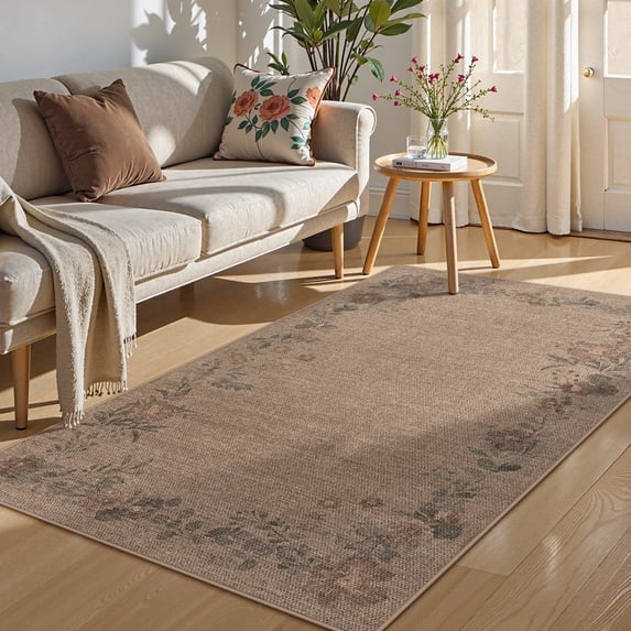 SUNDEREY 3'x5' Floral Easy Jute Rug,Area Rug 3x5ft Washable Bedroom Rug,Easy Jute Indoor Outdoor Carpet, Farmhouse Non Slip Khaki Floor Rug for Dining Room Office Entrance Kitchen,Wreath&Fleur