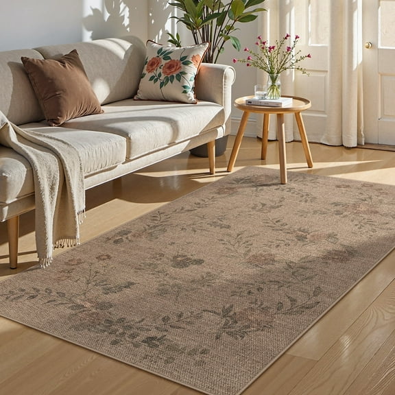 SUNDEREY 3'x5' Floral Easy Jute Rug,Area Rug 3x5ft Washable Bedroom Rug,Easy Jute Indoor Outdoor Carpet, Farmhouse Non Slip Khaki Floor Rug for Dining Room Office Entrance Kitchen,Vine&Fleur