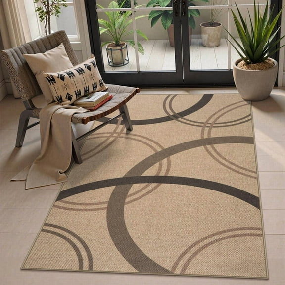 SUNDEREY 3'x5' Geometri Area Rug, 3x5ft Washable Bedroom Rug,Easy Jute Indoor Outdoor Carpet, Farmhouse Non Slip Circular Pattern Rug for Dining Room Office Entrance Kitchen,Khaki
