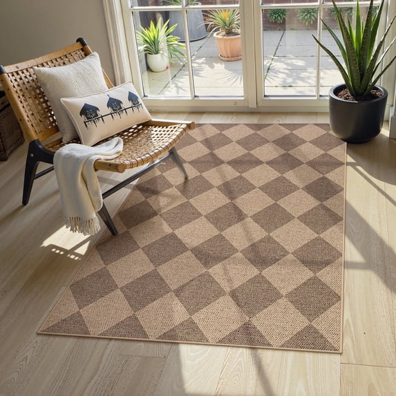 SUNDEREY 3'x5' Easy Jute Area Rug, Washable Entryway Rug Non Slip, Checkerboard Indoor Outdoor Carpet, Modern Geometric Farmhouse Checkered Carpet for Office Couch Entrance Kitchen,Khaki
