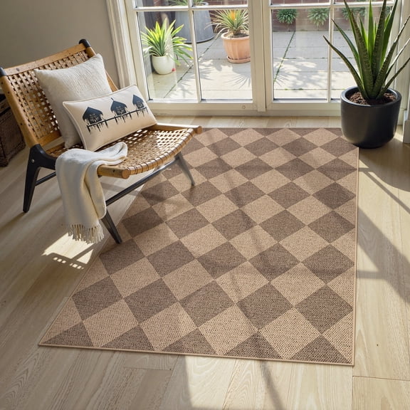 SUNDEREY 3'x5' Easy Jute Area Rug, Washable Entryway Rug Non Slip, Checkerboard Indoor Outdoor Carpet, Modern Geometric Farmhouse Checkered Carpet for Office Couch Entrance Kitchen,Khaki