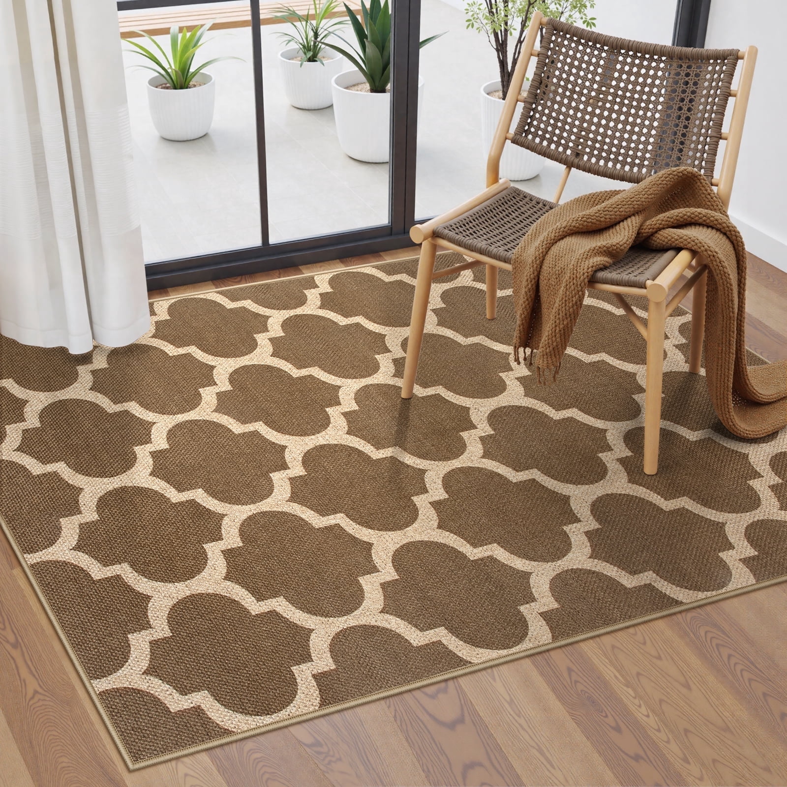 SUNDEREY 3'x5' Moroccan Geometric Area Rug,3x5ft Washable Bedroom Rug,Easy Jute Indoor Outdoor Carpet, Farmhouse Checkered Non Slip Khaki Carpet for Office Couch Entrance Kitchen,Khaki