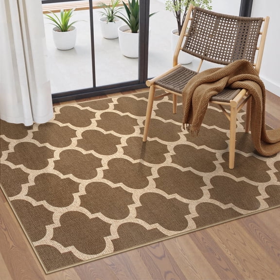 SUNDEREY 3'x5' Moroccan Geometric Area Rug,3x5ft Washable Bedroom Rug,Easy Jute Indoor Outdoor Carpet, Farmhouse Checkered Non Slip Khaki Carpet for Office Couch Entrance Kitchen,Khaki
