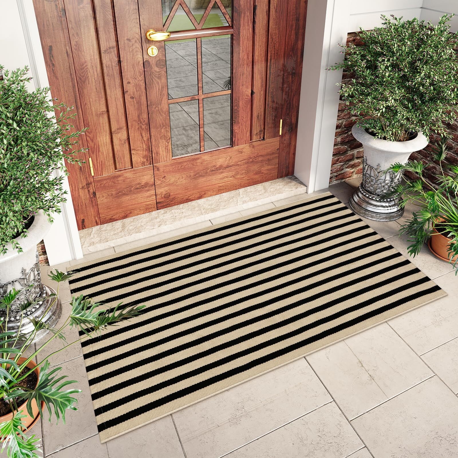SUNDEREY 3'x5' Outdoor Rugs,Brown and Black Striped Rug,Washable Front ...