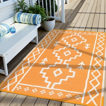 SUNDEREY 5’X8’Outdoor Rugs Waterproof Plastic Straw Mat,5X8ft Reversible Outdoor Camping Rug for RV Patio Deck Beach Pool Balcony Picnic,Orange & White