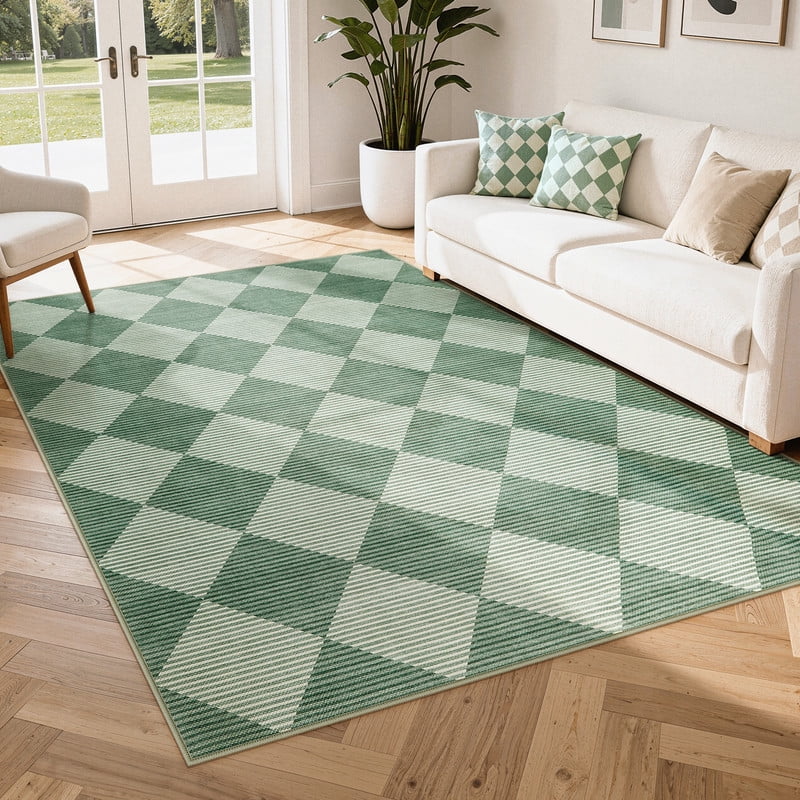 SUNDEREY 5'x7' Easy Jute Area Rugs for Living Room, Non-Slip Washable Rugs for Bedroom, Modern Farmhouse Diamond Checkered Rug, Moroccan Neutral Soft Low Pile Carpet for Office Dining Room, Green