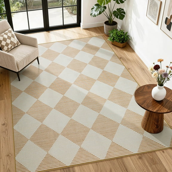 SUNDEREY 5'x7' Easy Jute Area Rugs for Living Room, Non-Slip Washable Rugs for Bedroom, Modern Farmhouse Diamond Checkered Rug, Moroccan Neutral Soft Low Pile Carpet for Office Dining Room, Beige