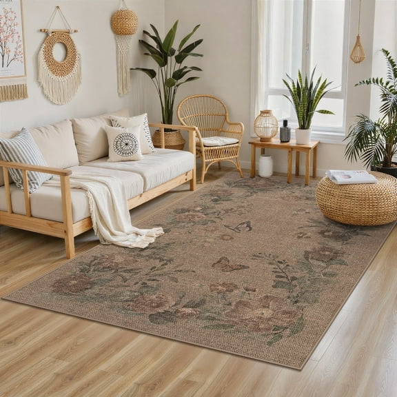 SUNDEREY 5'x7' Floral Easy Jute Rug,Area Rug 5x7ft Washable Bedroom Rug,Easy Jute Indoor Outdoor Carpet, Farmhouse Non Slip Khaki Floor Rug for Dining Room Office Entrance Kitchen,Butterfly&Fleur
