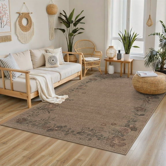 SUNDEREY 5'x7' Floral Easy Jute Rug,Area Rug 5x7ft Washable Bedroom Rug,Easy Jute Indoor Outdoor Carpet, Farmhouse Non Slip Khaki Floor Rug for Dining Room Office Entrance Kitchen,Wreath&Fleur