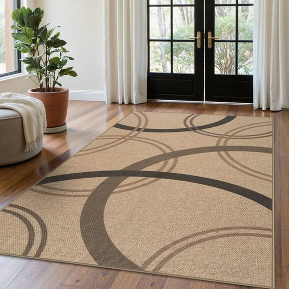 SUNDEREY 5'x7' Geometri Area Rug,5x7ft Washable Circular Pattern Rug,Easy Jute Indoor Outdoor Carpet, Farmhouse Non Slip Khaki Floor Rug for Bedroom Dining Room Office Entrance Kitchen,Khaki