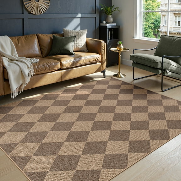 SUNDEREY 5'x7' Modern Geometric Area Rug,5x7ft Washable Bedroom Rug,Checkerboard Indoor Outdoor Carpet, Farmhouse Checkered Non Slip Black Carpet for Office Couch Entrance Kitchen,Khaki