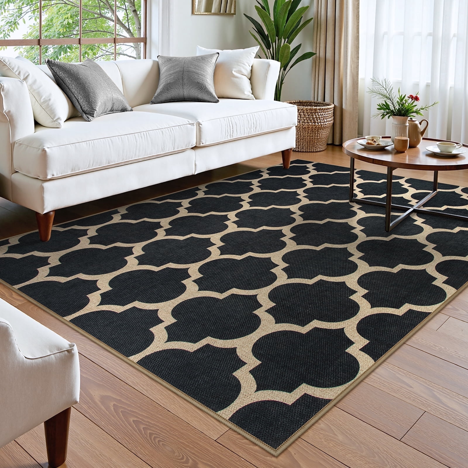 SUNDEREY 5'x7' Moroccan Geometric Area Rug,5x7ft Washable Bedroom Rug,Easy Jute Indoor Outdoor Carpet, Farmhouse Checkered Non Slip Black Carpet for Office Couch Entrance Kitchen,Black