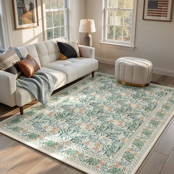 SUNDEREY 5'x7' Vintage Floral Area Rugs for Living Room, Washable Large Boho Area Rugs for Bedroom, Soft Non-Slip Thin William Morris Botanical Rug for Dining Room Home,Beige