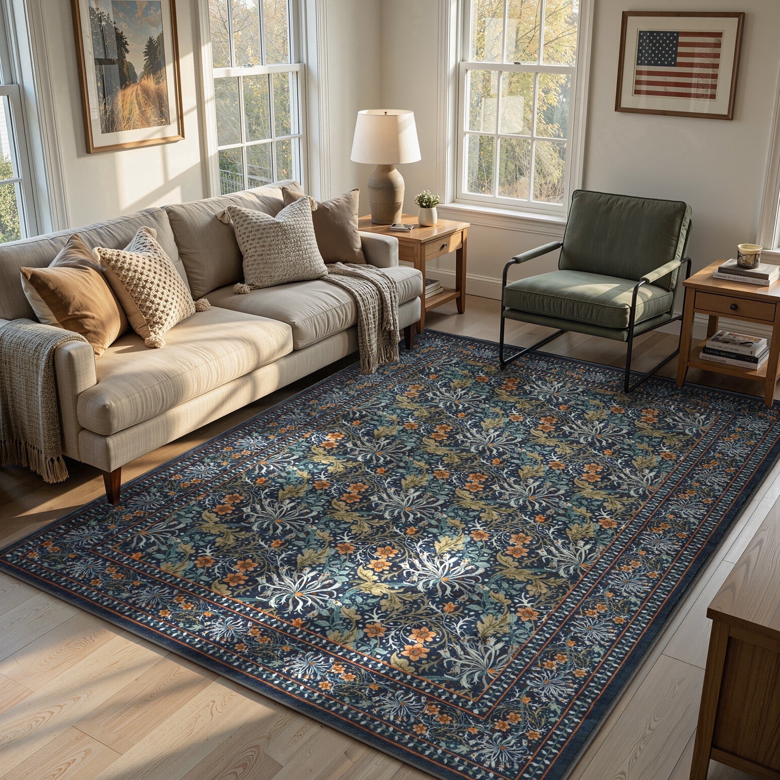 SUNDEREY 5'x7' Vintage Floral Area Rugs for Living Room, Washable Large Boho Area Rugs for Bedroom, Soft Non-Slip Thin William Morris Botanical Rug for Dining Room Home,Dark Green