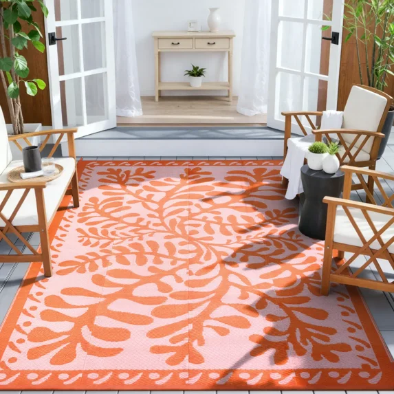 SUNDEREY 6’X9’Outdoor Rug for Patio,Waterproof Beach Mats, Seaweed Pattern Plastic Straw Outdoor Rugs for RV Patio Deck Beach Porch Backyard,Orange