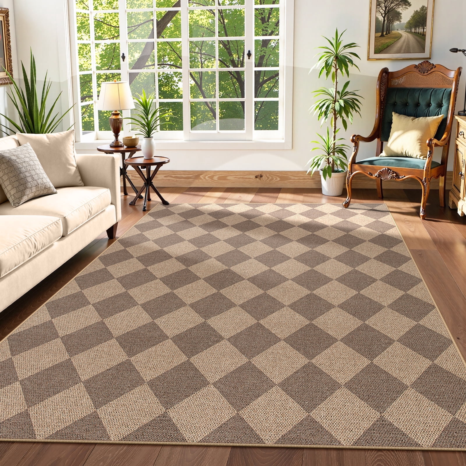 SUNDEREY 6'x9' Easy Jute Area Rugs for Living Room, Large Washable Bedroom Rug Non Slip, Diamond Indoor Outdoor Carpet, Modern Geometric Farmhouse Checkered Carpet for Dining Room Office,Khaki