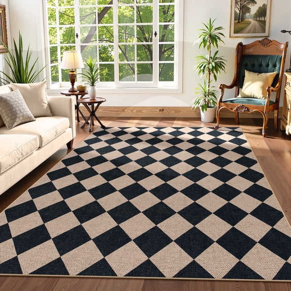 SUNDEREY 6'x9' Easy Jute Area Rug, Large Washable Rugs for Living Room, Checkerboard Indoor Outdoor Carpet Non Slip, Modern Geometric Farmhouse Checkered Carpet for Dining Room Apartment,Black