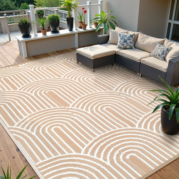 SUNDEREY 8’X10’Outdoor Rug for Patio,Waterproof Beach Mats, Rainbow Plastic Straw Outdoor Rugs for RV Patio Deck Beach Porch Backyard,Khaki