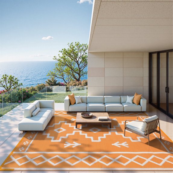 SUNDEREY 8’X10’Outdoor Rugs Waterproof Plastic Straw Mat,8X10ft Reversible Outdoor Camping Rug for RV Patio Deck Beach Pool Balcony Picnic,Orange & White