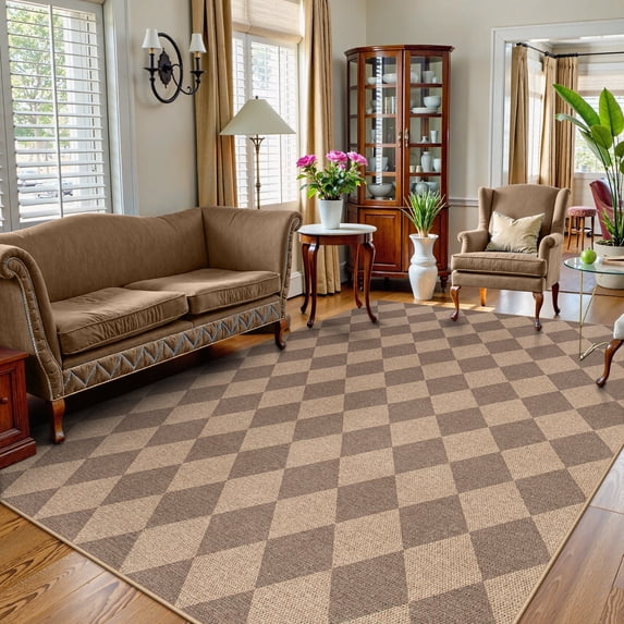 SUNDEREY 8'x10' Easy Jute Area Rugs for Living Room, Large Washable Bedroom Rug Non Slip, Diamond Indoor Outdoor Carpet, Modern Geometric Farmhouse Checkered Carpet for Dining Room Apartment,Khaki