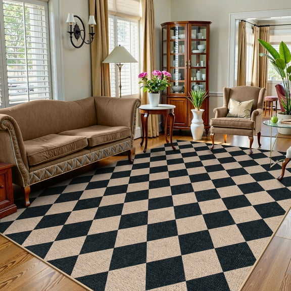 SUNDEREY 8'x10' Easy Jute Area Rug, Large Washable Living Room Rug, Checkerboard Indoor Outdoor Carpet, Modern Geometric Farmhouse Checkered Non Slip Black Carpet for Dining Room Apartment,Black