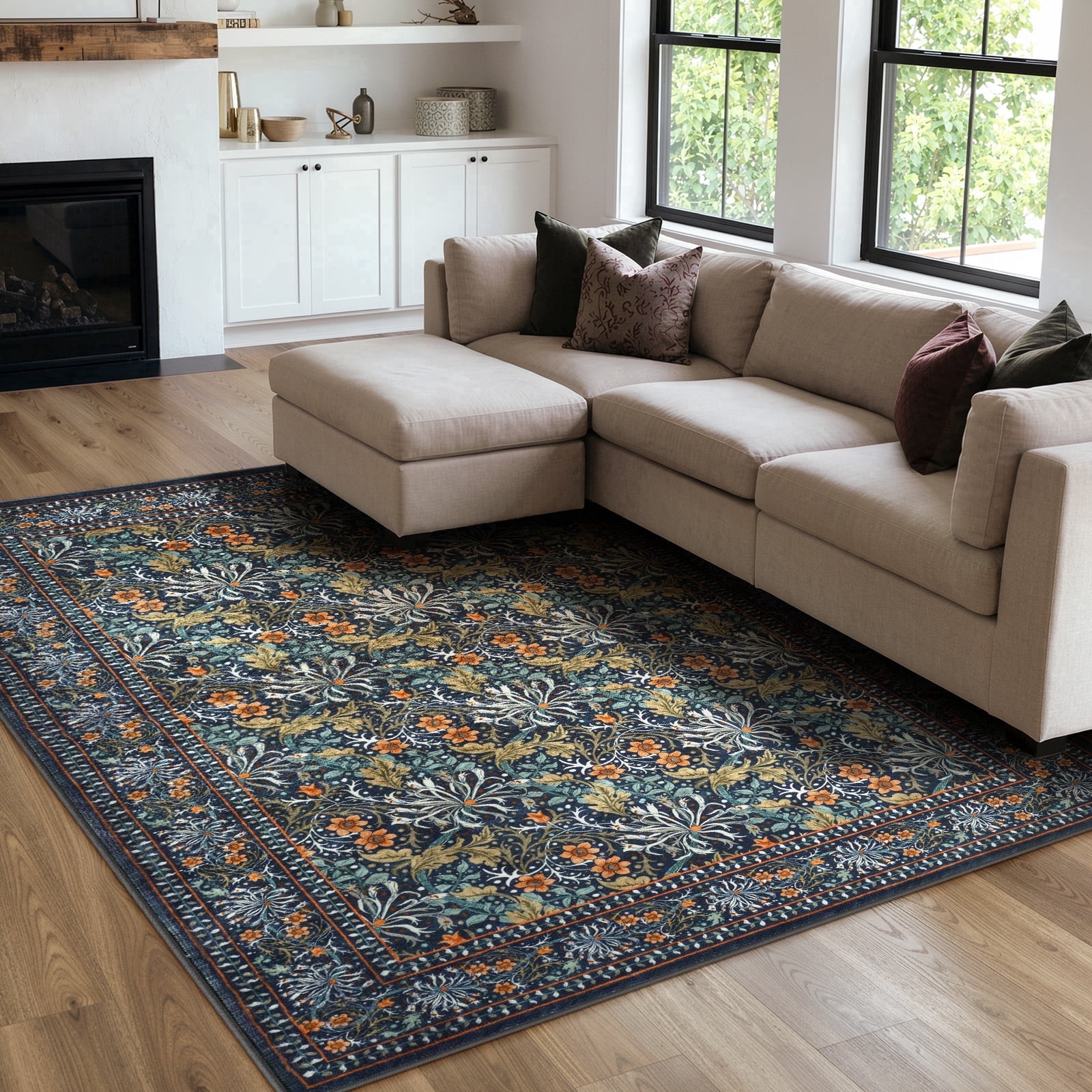 SUNDEREY 8'x10' Vintage Floral Area Rugs for Living Room, Washable Large Boho Area Rugs for Bedroom, Soft Non-Slip Thin William Morris Botanical Rug for Dining Room Home,Dark Green
