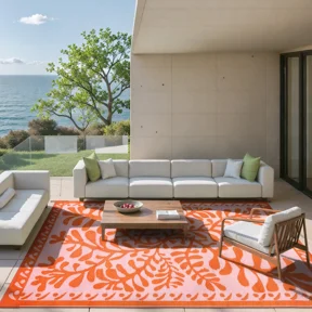 SUNDEREY 9’X12’Outdoor Rug for Patio,Waterproof Beach Mats, Seaweed Pattern Plastic Straw Outdoor Rugs for RV Patio Deck Beach Porch Backyard,Orange