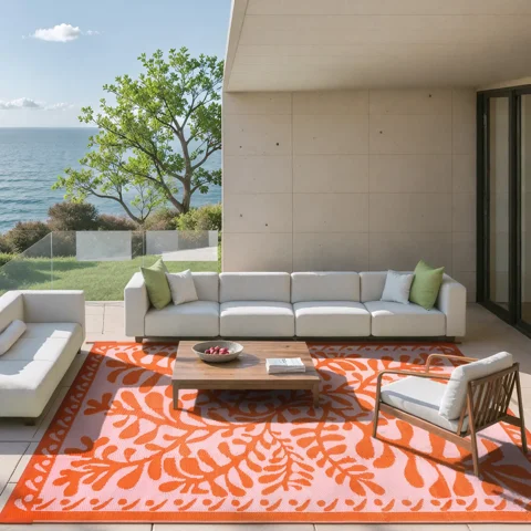 SUNDEREY 9’X12’Outdoor Rug for Patio,Waterproof Beach Mats, Seaweed Pattern Plastic Straw Outdoor Rugs for RV Patio Deck Beach Porch Backyard,Orange