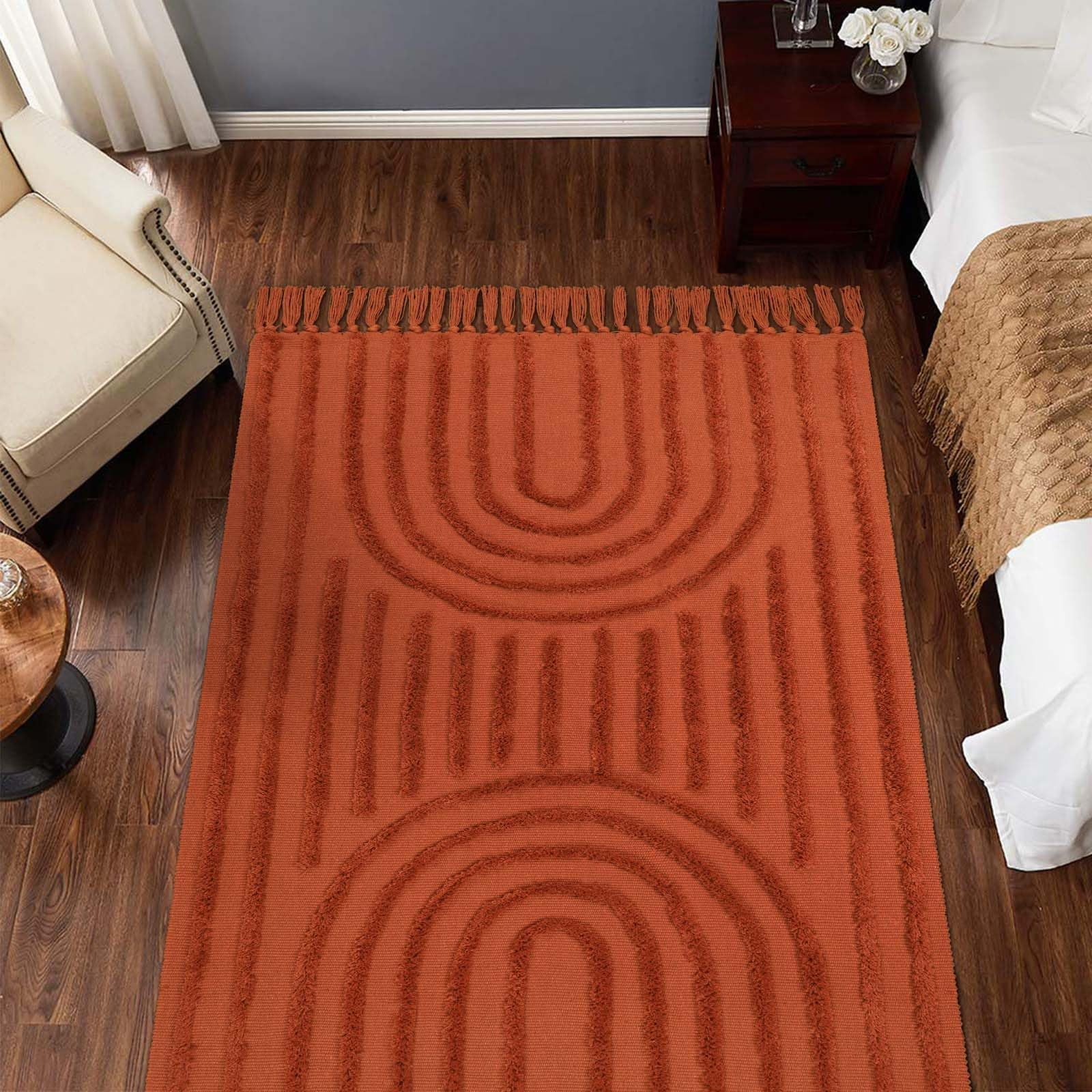 SUNDEREY Modern Rainbow Area Rug,3'x5' Washable Bedroom Rugs,Boho Terracotta Woven Floor Carpet With Tassel, Modern Farmhouse Tufted Rug For Living Dining Room Kitchen Entryway Bathroom,Red