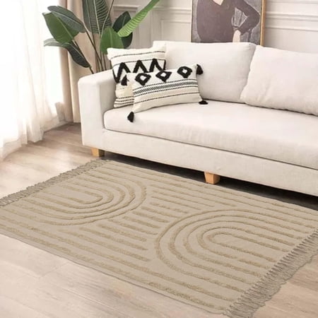 SUNDEREY Modern Rainbow Area Rug,3'x5' Washable Bedroom Rugs,Boho Woven Floor Carpet With Tassel, Modern Farmhouse Tufted Rug For Living Dining Room Kitchen Entryway Bathroom,Khaki