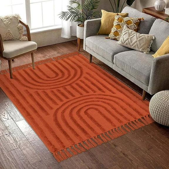 SUNDEREY Modern Rainbow Area Rug,4'x6' Washable Bedroom Rugs,Boho Terracotta Woven Floor Carpet With Tassel, Modern Farmhouse Tufted Rug For Living Dining Room Kitchen Entryway Bathroom,Red