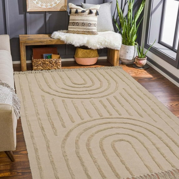 SUNDEREY Modern Rainbow Area Rug,4'x6' Washable Bedroom Rugs,Boho Woven Floor Carpet With Tassel, Modern Farmhouse Tufted Rug For Living Dining Room Kitchen Entryway Bathroom,Khaki