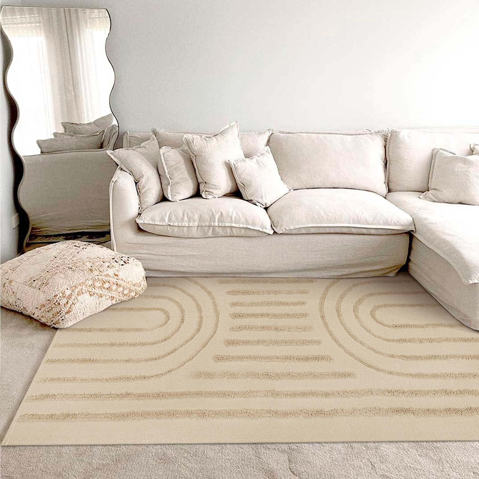 SUNDEREY Modern Rainbow Area Rug,5'x8' Washable Bedroom Rugs,Boho Woven Floor Carpet With Tassel, Modern Farmhouse Tufted Rug For Living Dining Room Kitchen Entryway Bathroom,Khaki
