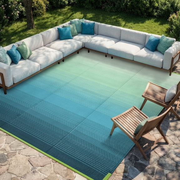 SUNDEREY Outdoor Rug 9'x12', Waterproof Reversible Plastic Straw Mat for Patio, RV & Camping - Lightweight Carpet for Deck, Balcony & Backyard, Teal