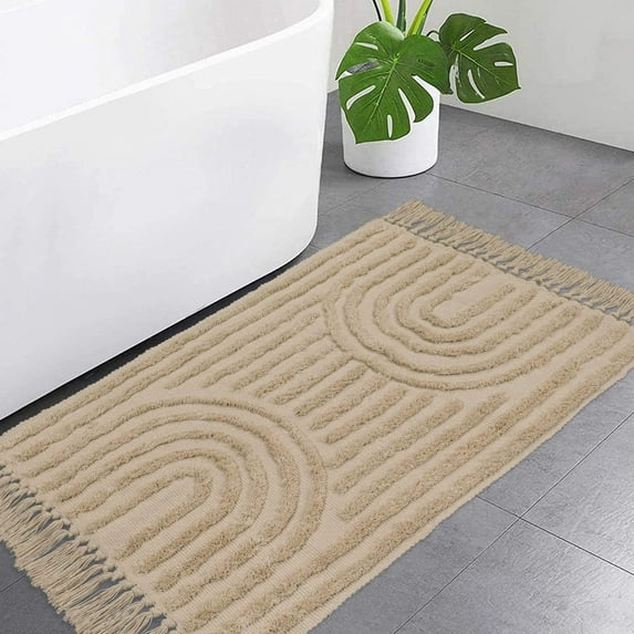 SUNDEREY Washable Bathroom Rugs 2'x3' Modern Kitchen Rug With Tessal, Khaki BedKhaki Throw Rugs, Boho Tufted Rainbow Rugs, Farmhouse Indoor Door Mat for Entryway Porch Back Door