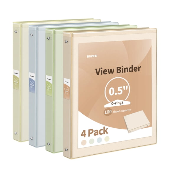 SUNEE, 1/2 Inch Binder 3 Ring, 4 Pack, Neutral Aesthetic, Clear View PVC-Free (Fit 8.5x11)