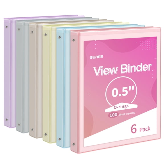 SUNEE, 1/2 Inch Binder 3 Ring, 6 Pack, Pastel, Clear View PVC-Free (Fit 8.5x11)