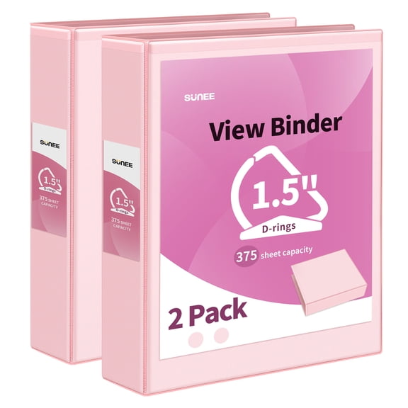 SUNEE, 1.5 Inch Binder 3 Ring, 2 Pack, Pink, Clear View PVC-Free (Fit 8.5x11)