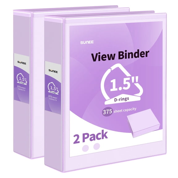 SUNEE, 1.5 Inch Binder 3 Ring, 2 Pack, Purple, Clear View PVC-Free (Fit 8.5x11)