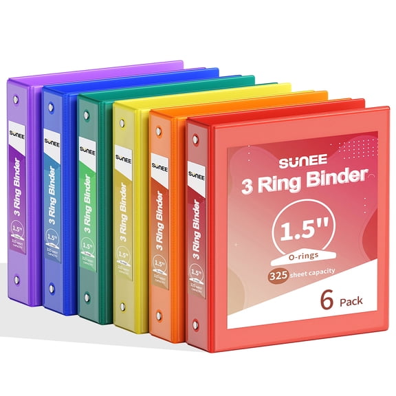 SUNEE 1.5 Inch Binders 3 Ring 6 Pack, Clear View Three Ring 1 1/2 Inch Binders PVC-Free (Fit 8.5x11 Inches) for School or Office Supplies, Classic 6 Colors