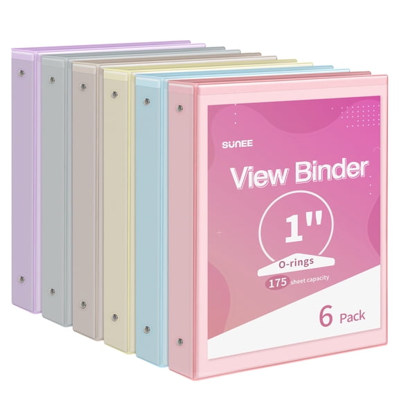 SUNEE, 1 Inch Binder 3 Ring, 6 Pack, Pastel, Clear View PVC-Free (Fit 8.5x11)