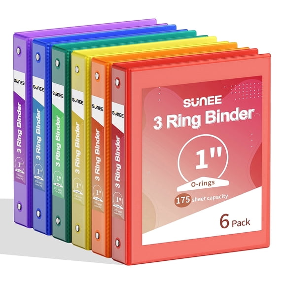 SUNEE 1 Inch Binders 3 Ring 6 Pack, Clear View Three Ring Binders PVC-Free (Fit 8.5x11 Inches) for School Binder or Office Binder Supplies, Classic 6 Colors