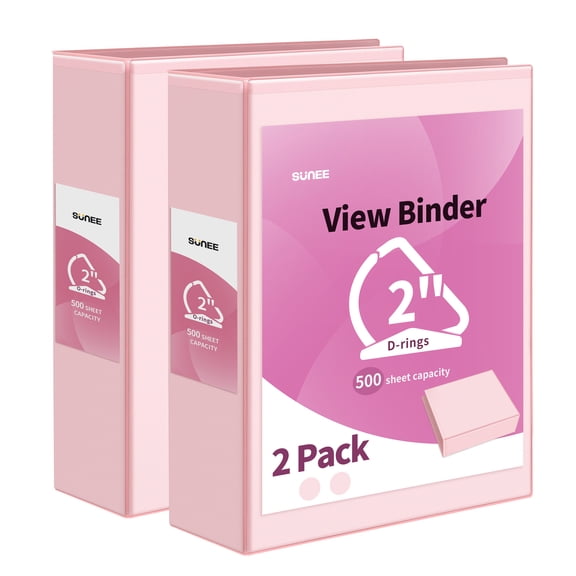 SUNEE, 2 Inch Binder 3 Ring, 2 Pack, Pink, Clear View PVC-Free (Fit 8.5x11)