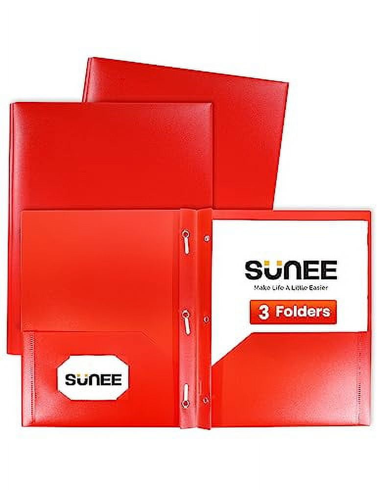 SUNEE 2 Pocket Folders with Prongs (3 Pack, Red) Plastic Folders with