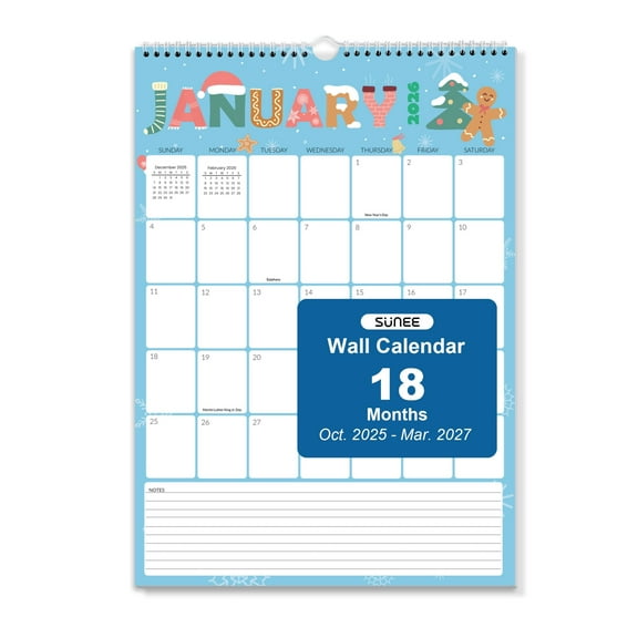 SUNEE 2026 Wall Calendar 12"x17" 18-Month Hanging Monthly Planner from October 2025 to March 2027, Big Grid Calendar with Notes Section, Past & Next Month Reference, Cute Design for Home or Office