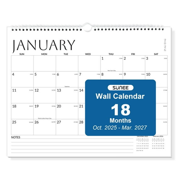 SUNEE 2026 Wall Calendar 14.5"x11.5" – 18-Month Big Grid Hanging Planner from October 2025 to March 2027, Minimalist White Monthly Calendar with Notes, Last & Next Month Reference for Home or Office