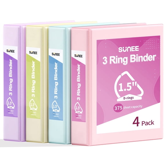 SUNEE 3 Ring Binder 1.5 Inch D Ring, Clear View Binder Three Ring PVC-Free (Fit 8.5x11 Inches) for School or Office Supplies, Assorted Pastel, 4 Pack